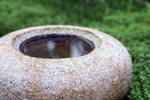 round water basin or bird bath of natural stone granite on ground cover plants puristic garden scene zen style